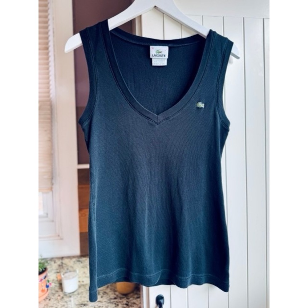 Lacoste Womens Black Ribbed Cotton V-Neck Tank Top Size 38 Logo Sleeveless Shirt